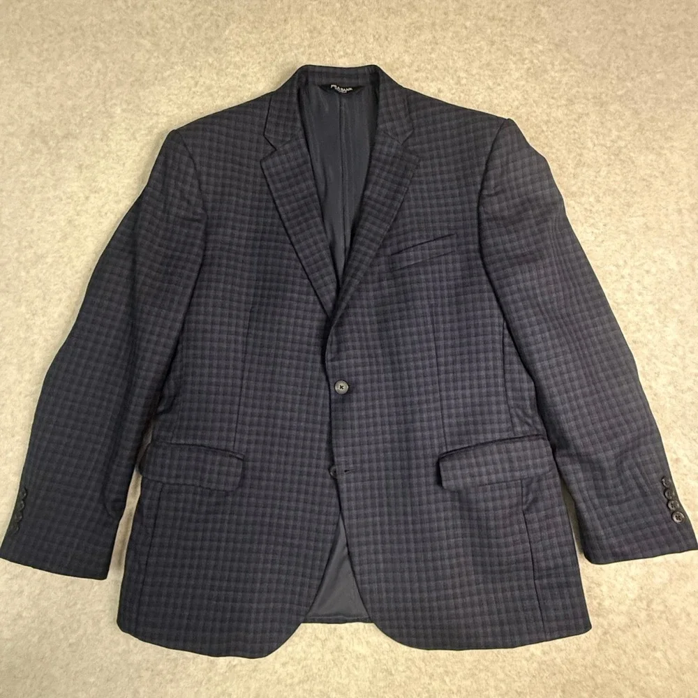 Jos A Bank Mens 44R Wool Blazer Sport Coat Navy‎ Check Traditional Fit 2-Button